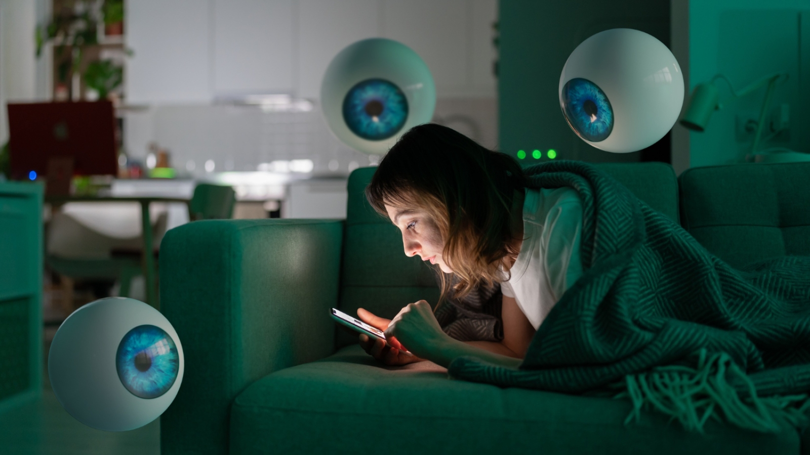 Woman on couch using Affordable Smart Home Gadgets smartphone with surveillance eyes around